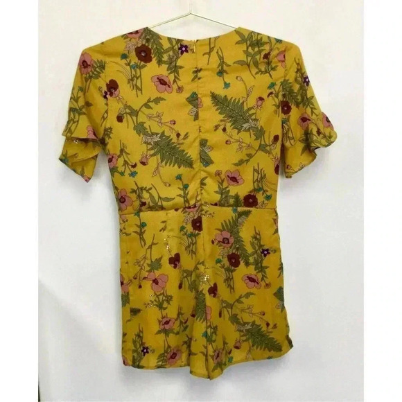 Blue Rain Womens Mustard Yellow Floral Leaf Print Ruffled Romper Dress Small - Picture 2 of 11